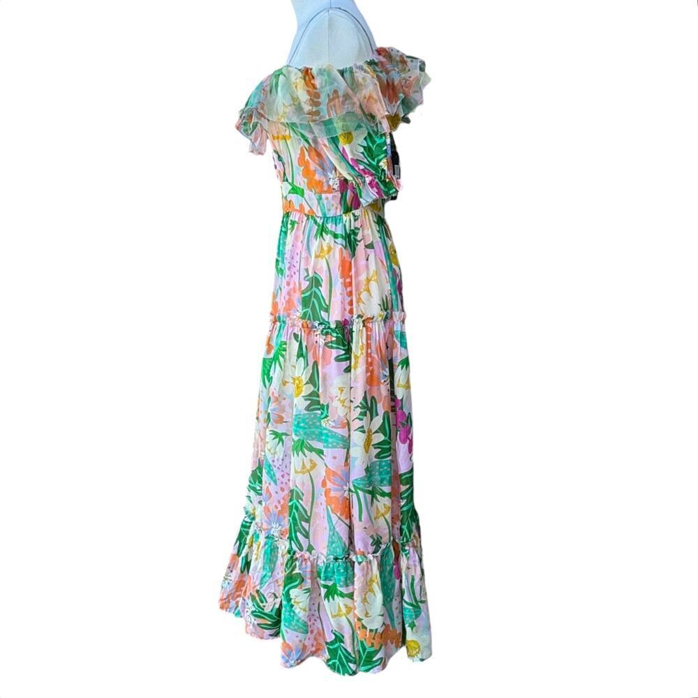 Jessie Liu Silk Summer Floral Tiered Ruffled Midi Dress Resort Pink NWT Small - Picture 4 of 9